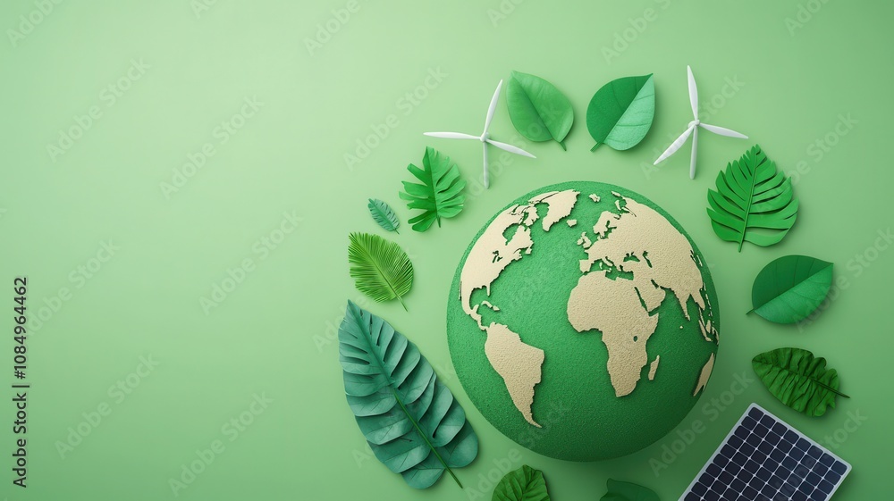 A green planet surrounded by leaves, wind turbines, and solar panels, symbolizing eco-friendliness and sustainability. A green planet surrounded by leaves, wind turbines, and solar panels, symbolizing eco-friendliness and sustainability.