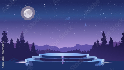 Night landscape with a podium and the moon. Vector illustration of a night scene.