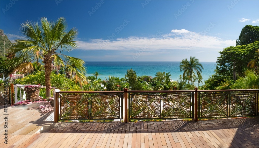 Obraz premium Sun-Kissed Tranquility: Stunning Garden and Sea View from the Hotel Balcony