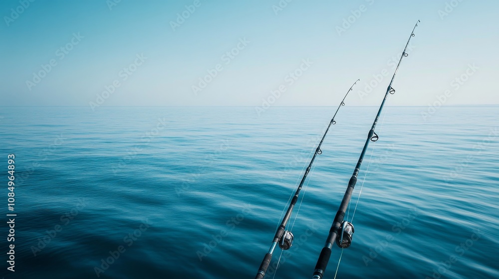A peaceful sea fishing scene with rods set against a calm ocean backdrop, Fishing equipment arranged neatly, Coastal leisure style A peaceful sea fishing scene with rods set against a calm ocean backdrop, Fishing equipment arranged neatly, Coastal leisure style