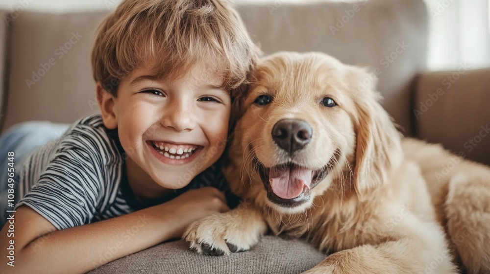 A young boy smiles widely while cuddling with his golden retriever dog on a cozy couch in a warm living room during the afternoon A young boy smiles widely while cuddling with his golden retriever dog on a cozy couch in a warm living room during the afternoon
