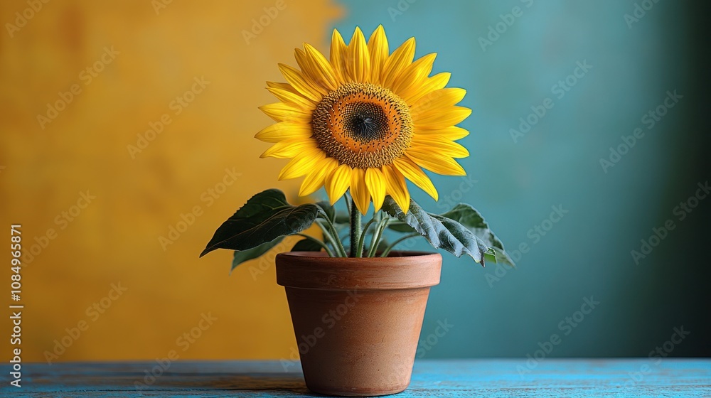 Obraz premium Single sunflower in terracotta pot on rustic blue table against yellow-teal wall.