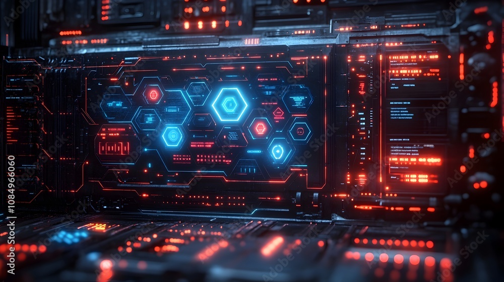 Captivating Digital Painting of Futuristic Sci-Fi Interface with Glowing Hexagonal Shapes and Neon Holographic Lights Captivating Digital Painting of Futuristic Sci-Fi Interface with Glowing Hexagonal Shapes and Neon Holographic Lights