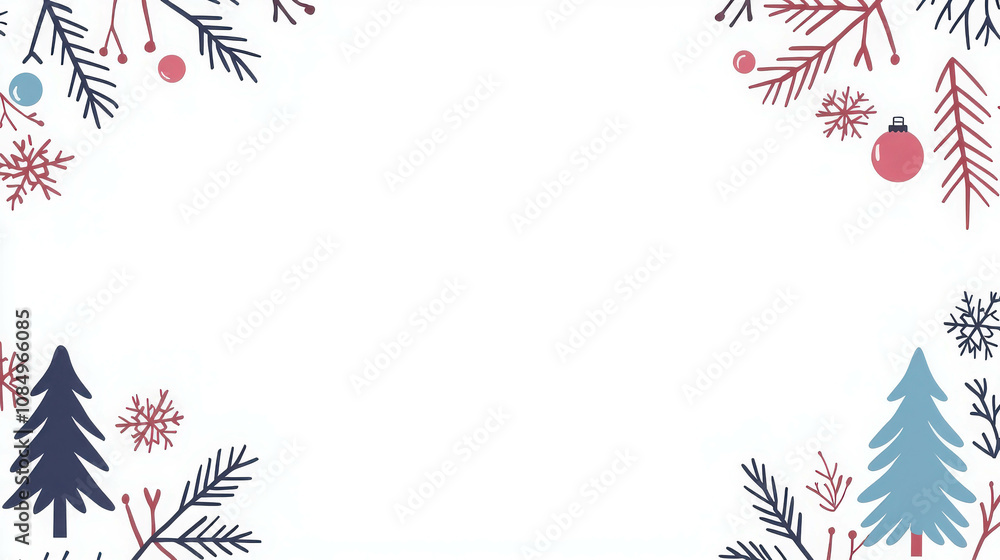 Obraz premium Festive Winter Wonderland Frame with Colorful Trees, Snowflakes, and Ornaments Ideal for Holiday Greeting Cards, Invitations, or Social Media Posts