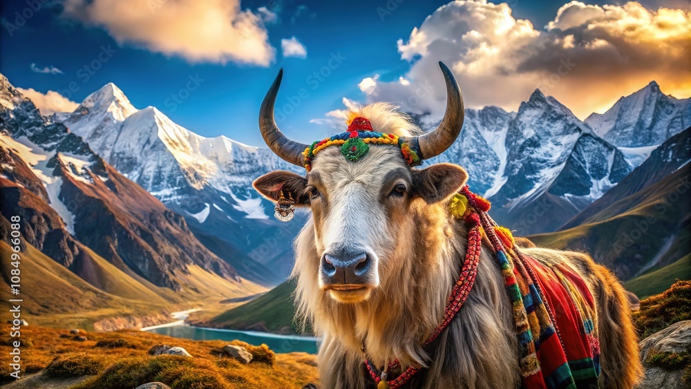 Naklejka premium AI Yak Portrait Nepal Mountain Photography, Majestic Yak, Himalayan Landscape