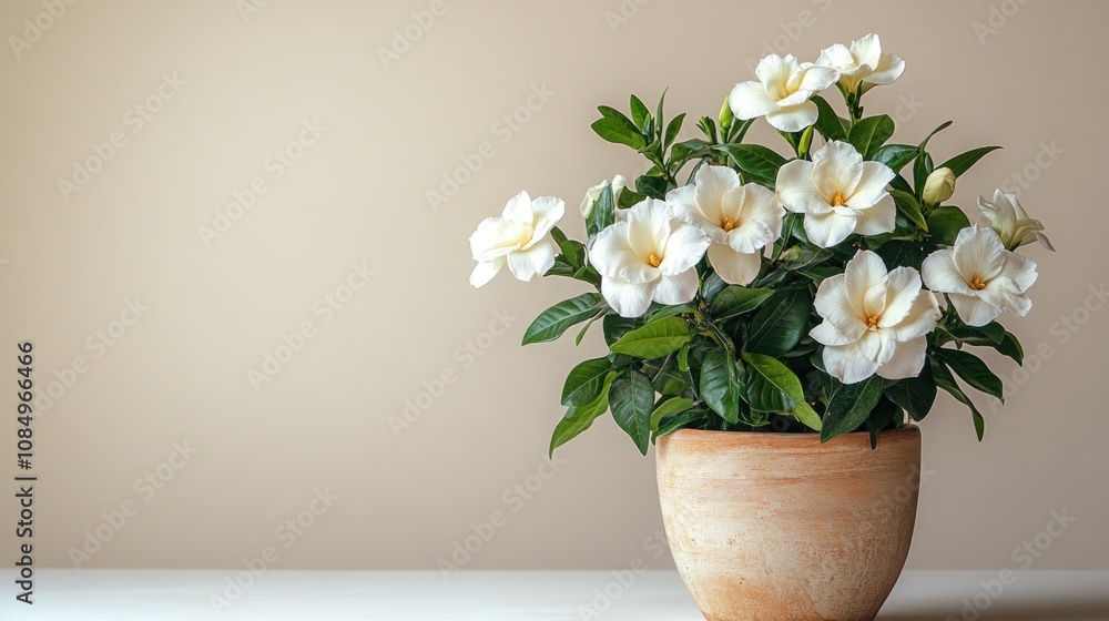 White gardenia plant in terracotta pot. White gardenia plant in terracotta pot.