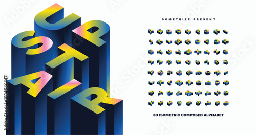 Upstairs: A colorful isometric display typeface with a striking 3D rainbow effect. Features a full A-Z alphabet for vibrant, modern designs.