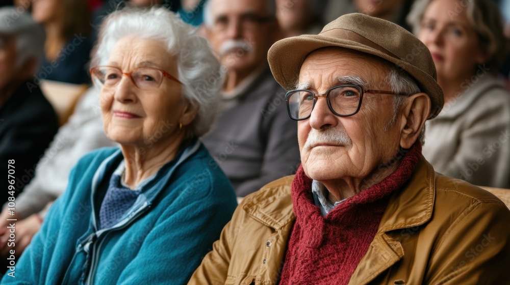 Elderly Couple Attending Event with Expressions of Wisdom and Experience in a Warm and Inviting Atmosphere, Engaging with Surrounding Audience Elderly Couple Attending Event with Expressions of Wisdom and Experience in a Warm and Inviting Atmosphere, Engaging with Surrounding Audience