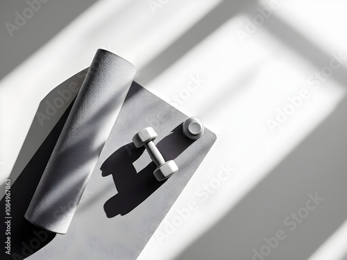 An abstract image of a yoga mat, dumbbells, and water bottle arranged in a triangle, shot from a high angle. The image should have a modern, minimalistic style with a monochromatic color scheme. photo