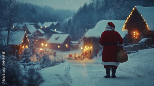 Santa Claus in a Snowy Village at Night