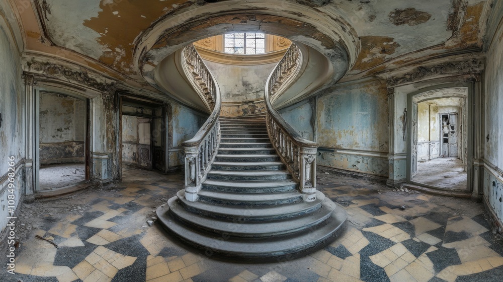 Obraz premium Abandoned Spiral Staircase in a Majestic Ruin