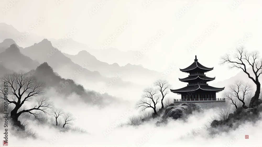 Obraz premium Serene Pagoda in Misty Mountains