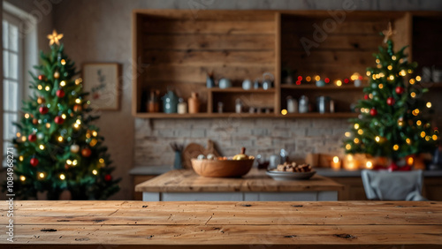 Festive kitchen backdrop with empty wooden table in foreground, Christmas tree and twinkling lights, warm light kitchen