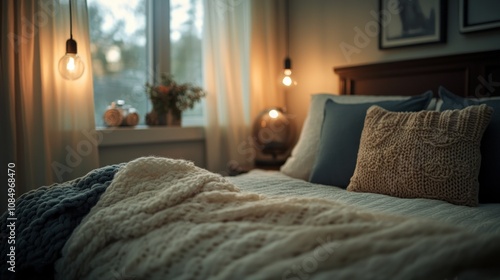Closeup of a Cozy Bed with a Knitted Blanket and Pillows