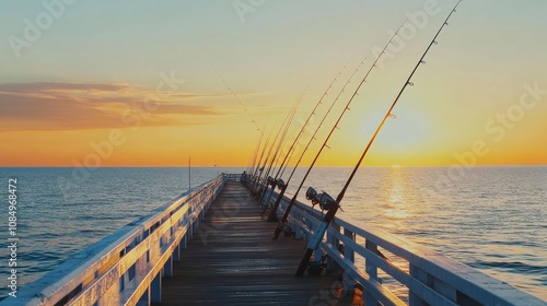 A picturesque sea fishing pier at sunset, Fishing rods lined up against the horizon, Coastal charm style