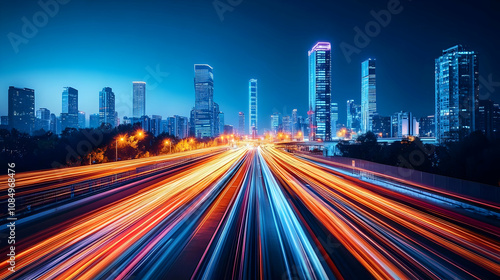 Cityscape Nighttime Highway with Light Trails - Photo