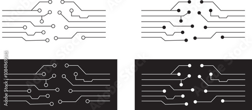 Abstract Technology Background circuit board pattern icons set isolated transparent. Ai chip electronics and connected dots. Data tech bg black flat and line motherboard vector Communication concept