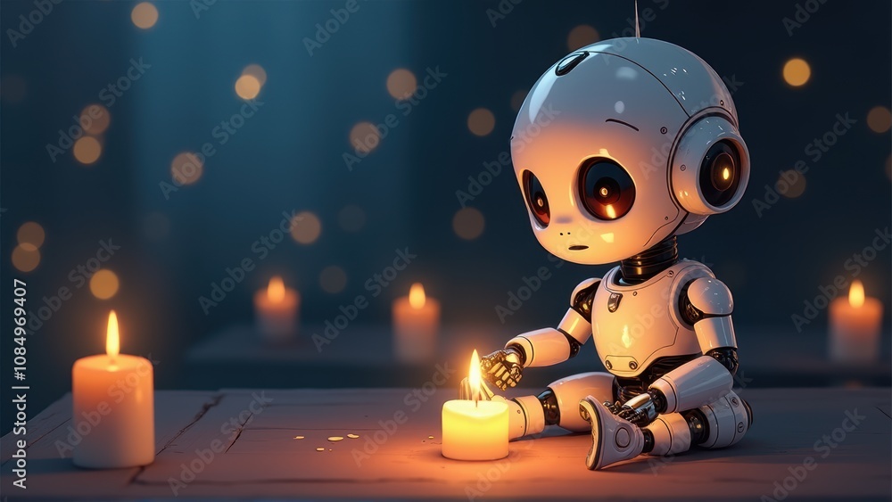Sentient Robot Lighting a Candle in a Dark Room Sentient Robot Lighting a Candle in a Dark Room