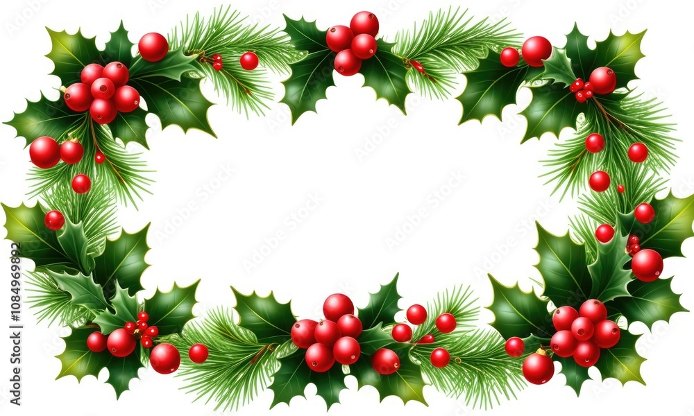 Festive holly and pine frame with red berries for holiday designs Festive holly and pine frame with red berries for holiday designs