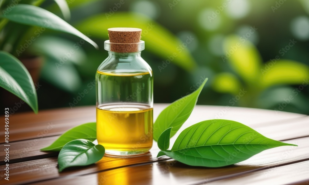 Natural essential oil in glass bottle with fresh green leaves on wooden table Natural essential oil in glass bottle with fresh green leaves on wooden table