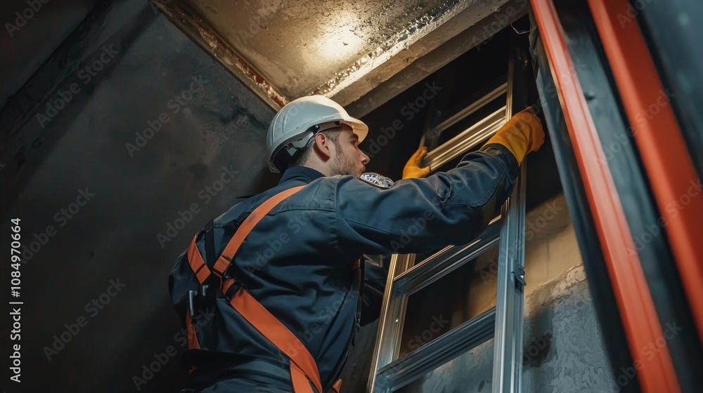 Construction worker ascending a ladder in a dimly lit building during renovation in the early morning hours Construction worker ascending a ladder in a dimly lit building during renovation in the early morning hours