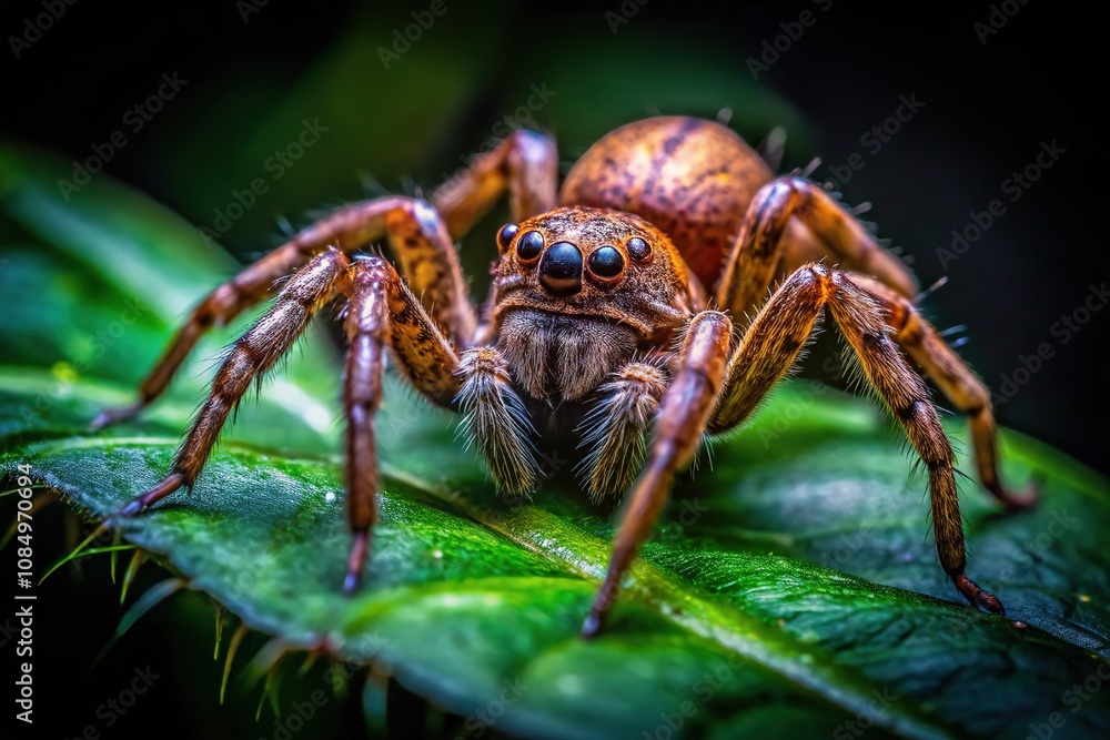 Fototapeta premium Close-up Spider on Leaf, Night Forest, Insects, Macro Photography