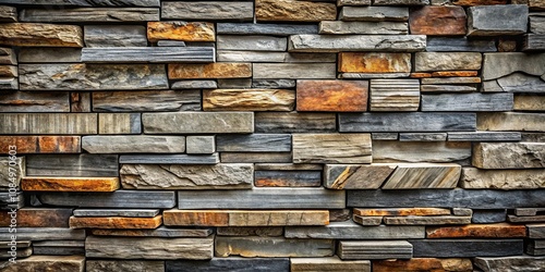 A layered arrangement of rustic stone tiles in a variety of natural hues, exhibiting a diverse array of textures and organic shapes, creating a visually captivating wall surface. photo