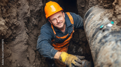 construction worker in orange helmet and overalls smiles while working in trench, showcasing determination and focus