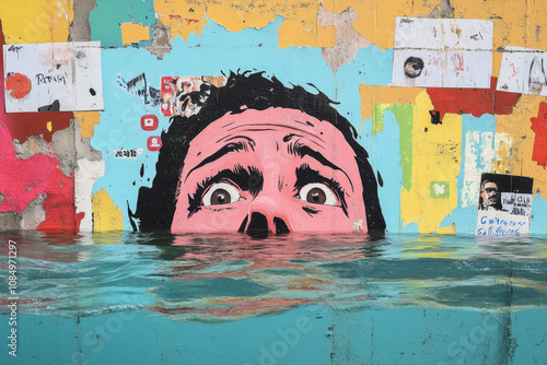 Fake News, Content Sharing. A vibrant mural depicting a person struggling above water, conveying themes of anxiety and urban art. photo