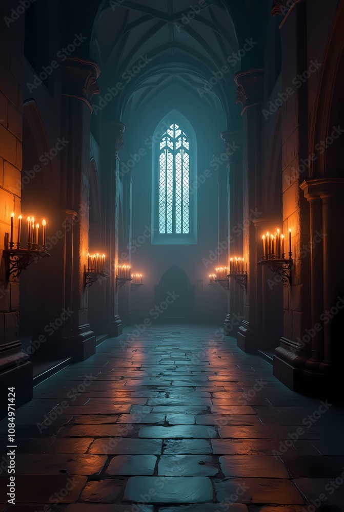 Spacious halls in the castle, gothic setting with candles, dark and creepy background Spacious halls in the castle, gothic setting with candles, dark and creepy background