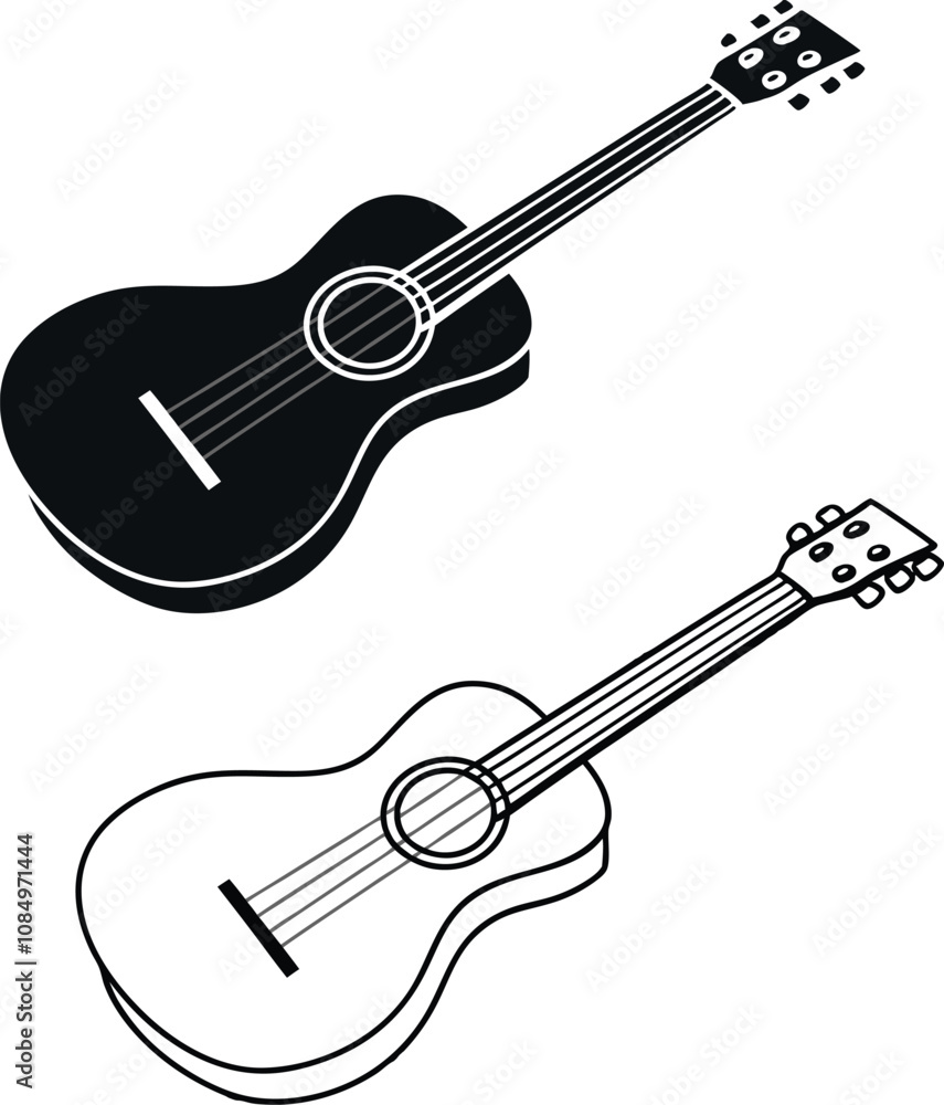 Obraz premium Acoustic Guitar Illustrations Black, White, Line Art, Music Instrument