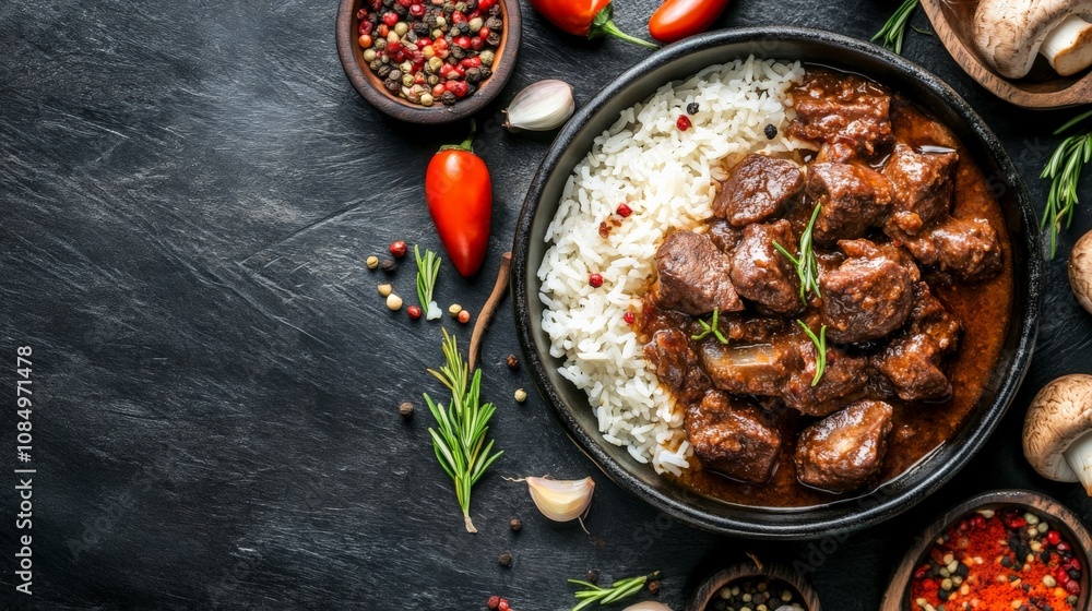 Vibrant Mushroom Curry Dish Served with Rice Vibrant Mushroom Curry Dish Served with Rice