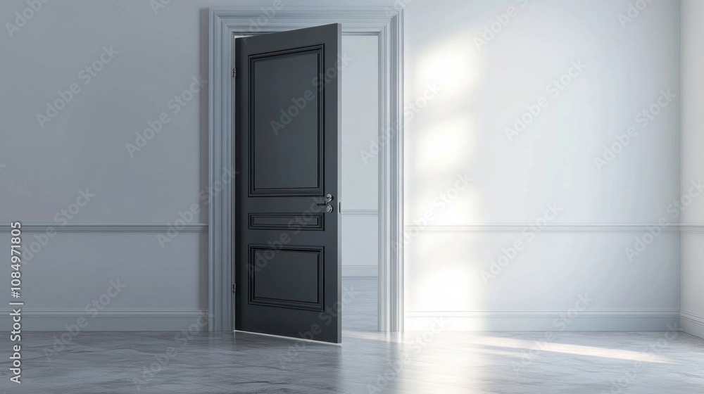 A black door with a silver frame is open in a room with white walls A black door with a silver frame is open in a room with white walls