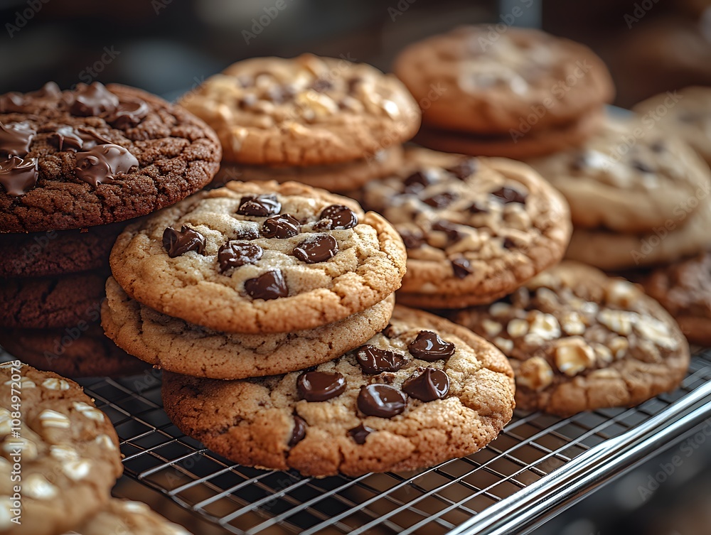 Homemade cookies stacked on a tray with a white plate, fresh from the bakery, delicious and warm, ready to enjoy as a sweet snack or breakfast treat Homemade cookies stacked on a tray with a white plate, fresh from the bakery, delicious and warm, ready to enjoy as a sweet snack or breakfast treat
