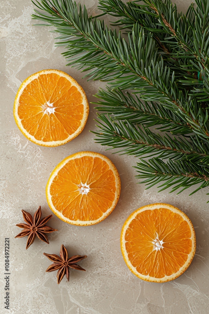 A festive arrangement featuring sliced oranges, star anise, and pine branches, perfect for seasonal decorations or culinary inspiration. A festive arrangement featuring sliced oranges, star anise, and pine branches, perfect for seasonal decorations or culinary inspiration.