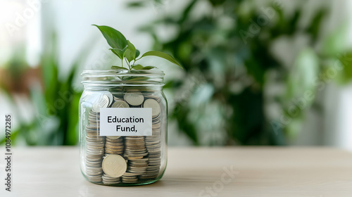 Growing Education Fund:  A glass jar filled with coins and a sprouting plant symbolizes the growth of savings for education.  The label 