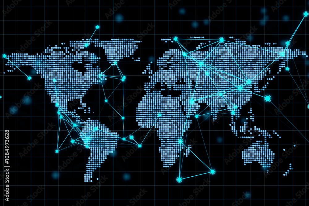 Telecommunication world map concept with digital dots and lines on pixel world map on dark background. 3D rendering Telecommunication world map concept with digital dots and lines on pixel world map on dark background. 3D rendering
