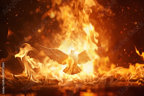A white dove, a symbol of hope and peace, flies through a wall of flames. Generative Ai