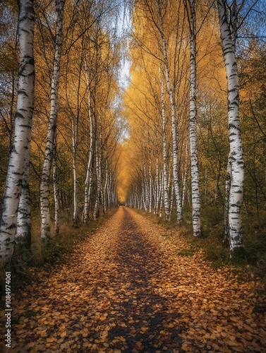 Autumn Tunnel of Colorful Birch Leaves