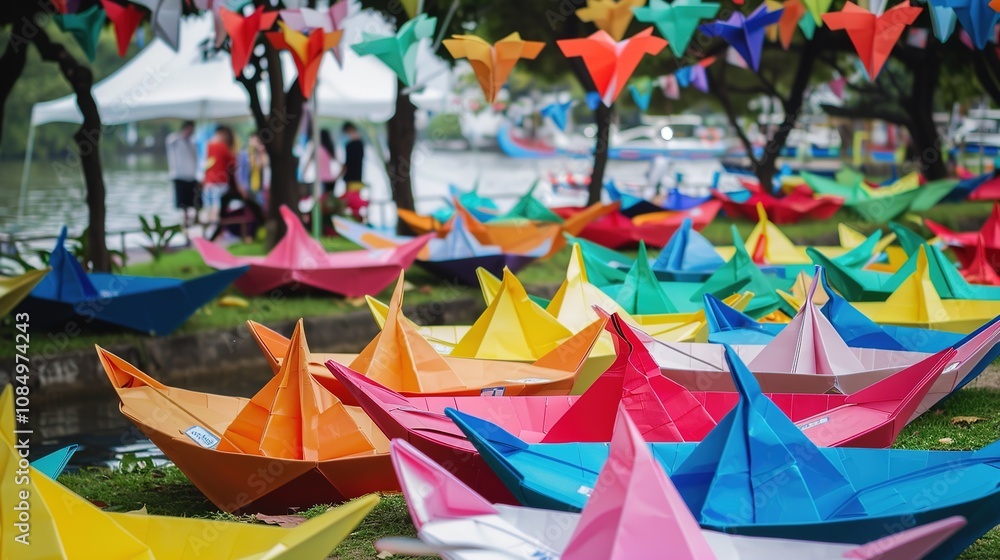 Fototapeta premium Colorful Paper Boat - a charming and vibrant visual. The playful design captures the essence of creativity and imagination.