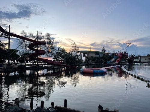 a water park in the twilight