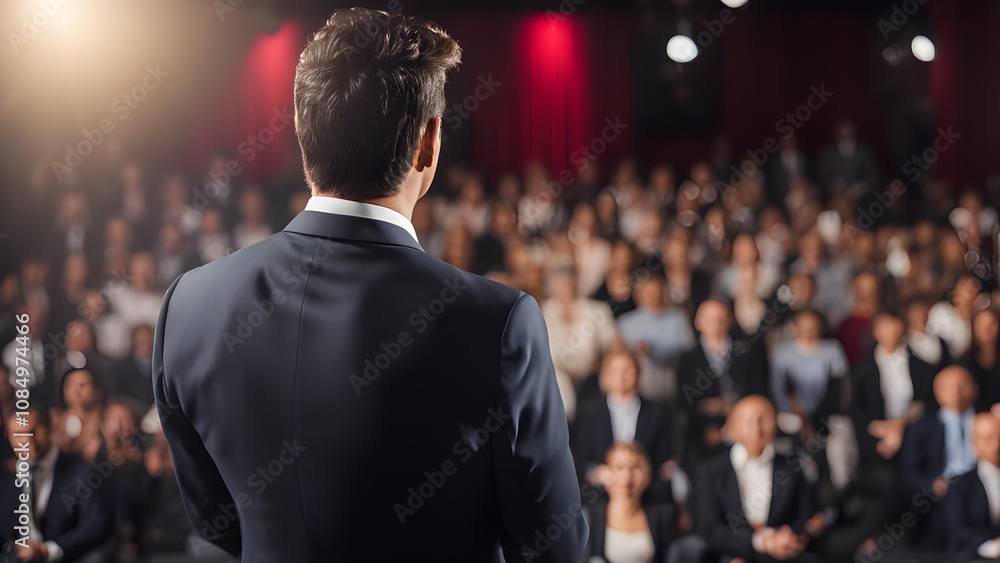 A man stands in front of a crowd of people, giving a speech A man stands in front of a crowd of people, giving a speech