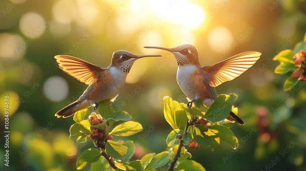 Fototapeta premium Hummingbirds glowing in golden sunlight