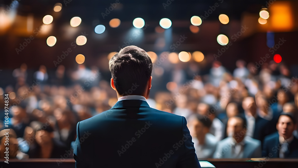 A man stands in front of a crowd of people, giving a speech A man stands in front of a crowd of people, giving a speech