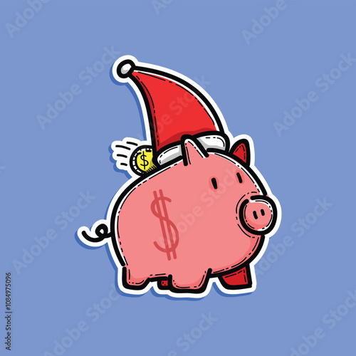 Piggy bank wear christmas hat and insert gold coin in the back saving for christmas gift presents concept vector illustration design sticker style isolated in a blue background