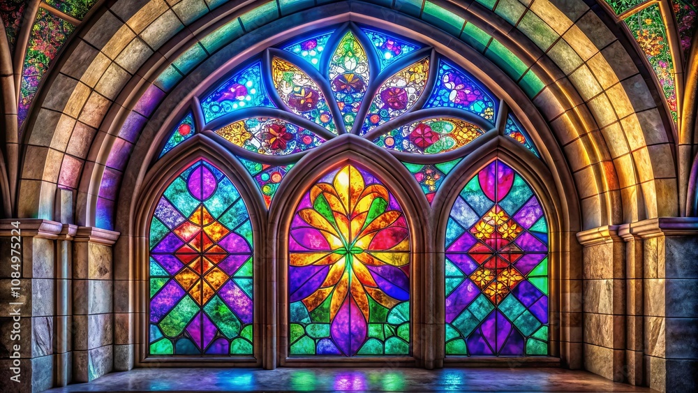 Obraz premium A vibrant stained glass window adorned with geometric patterns and intricate floral designs, framed by a grand arched doorway, bathes the interior in a kaleidoscope of colorful light.