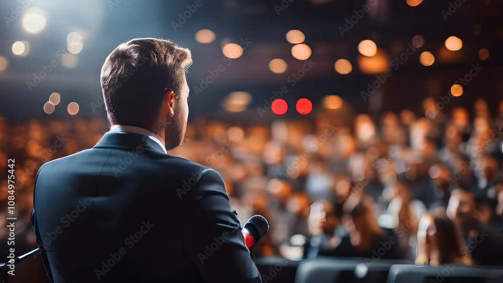 A man stands in front of a crowd, giving a speech A man stands in front of a crowd, giving a speech