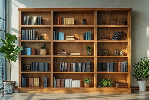 Wooden book shelf set with many books. Generative Ai