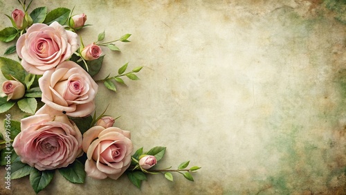 A delicate arrangement of pink roses with lush green foliage on a vintage textured background, creating an elegant and timeless floral composition.