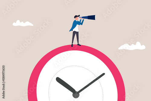 Businessman looking into binoculars on time. concept of Look for investment time, future, opportunity and success